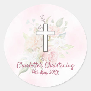 Pink rose floral girl Christening Classic Round Sticker