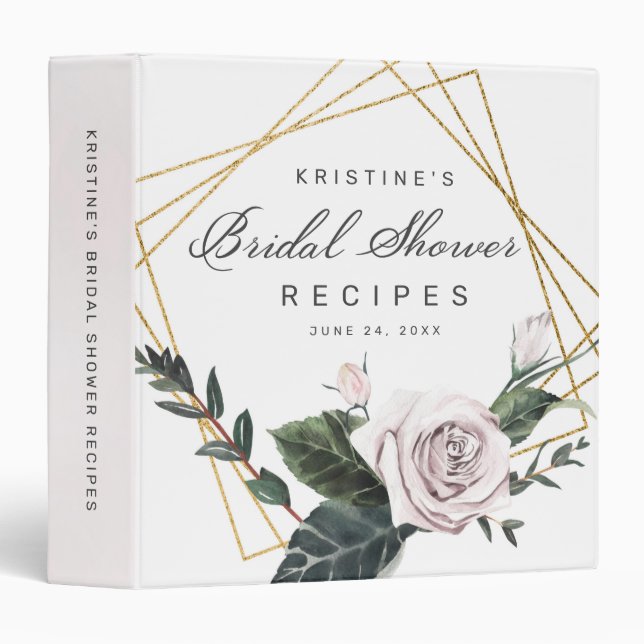 Pink Rose Floral Gold Frame Bridal Shower Recipe Binder (Front/Spine)