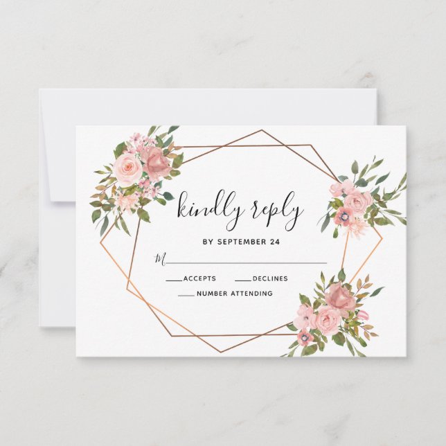 Pink Rose Floral Gold Frame Geometric Wedding  RSVP Card (Front)