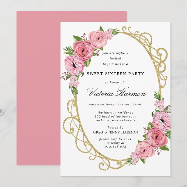 Pink Rose Floral Gold Frame Sweet 16 Party Invitat Invitation (Front/Back)