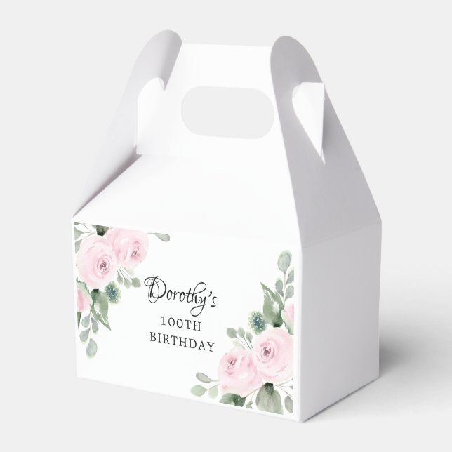 Pink Rose Floral Green Eucalyptus 100th Birthday Favor Box (Front Side)