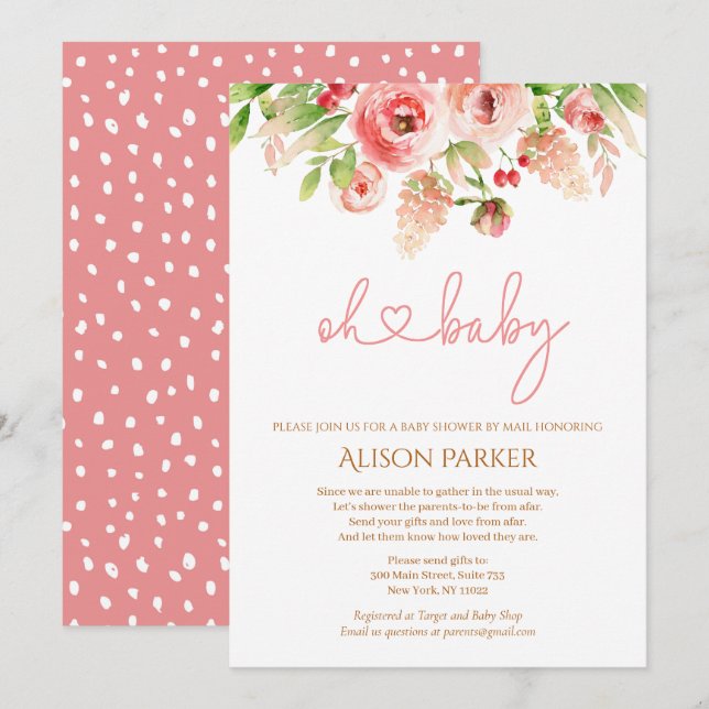 Pink Rose Floral Greenery Girl Baby Shower by Mail Invitation (Front/Back)