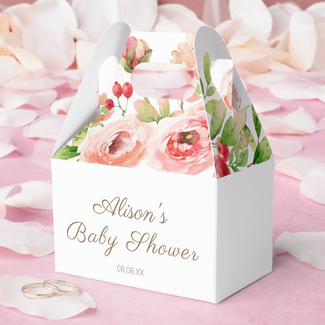 Pink Rose Floral Greenery Girl Baby Shower Favor Box (Creator Uploaded)