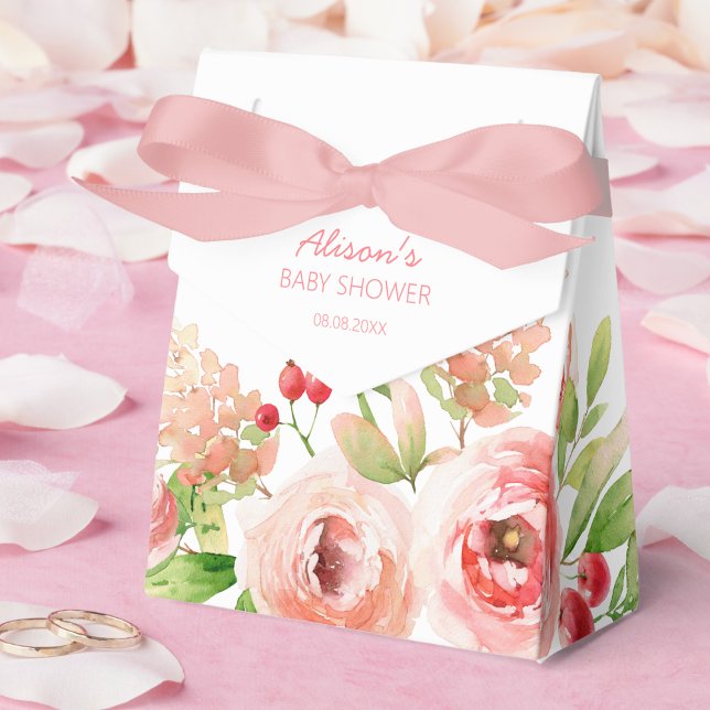 Pink Rose Floral Greenery Girl Baby Shower Favor Box (Creator Uploaded)