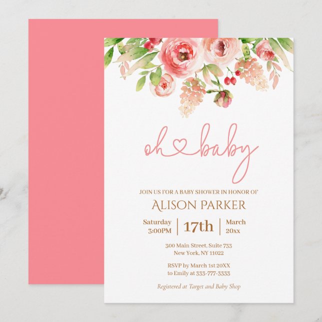 Pink Rose Floral Greenery Girl Baby Shower Invitation (Front/Back)