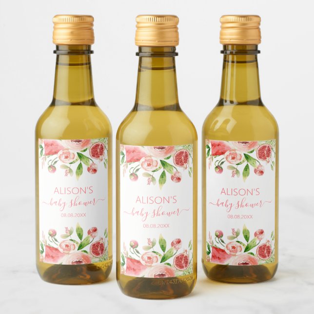 Pink Rose Floral Greenery Girl Baby Shower Mini Wine Label (Bottles)
