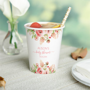 Pink Rose Floral Greenery Girl Baby Shower Paper Cups