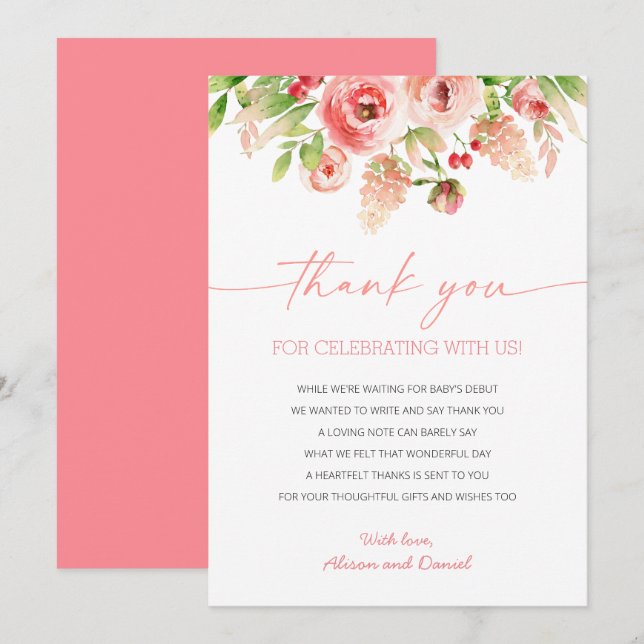 Pink Rose Floral Greenery Girl Baby Shower  Thank You Card (Front/Back)