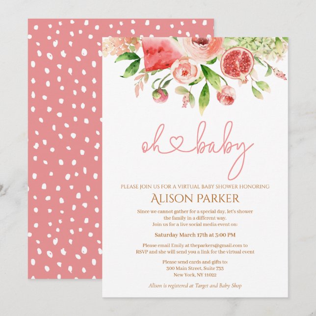 Pink Rose Floral Greenery Girl Virtual Baby Shower Invitation (Front/Back)