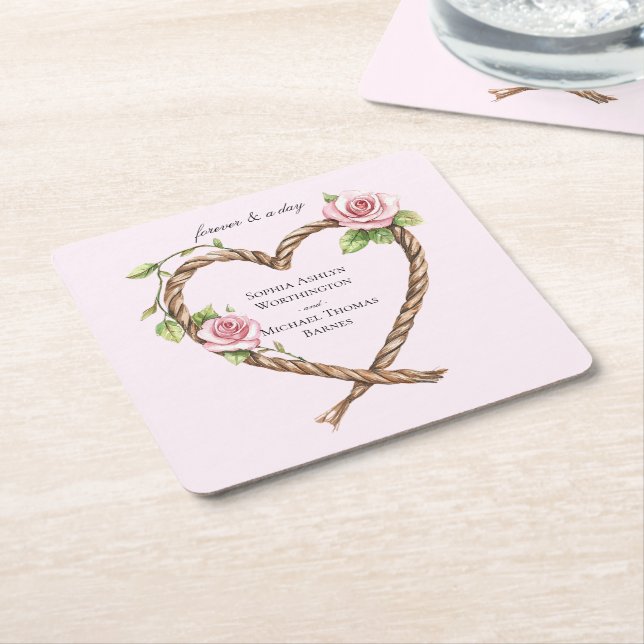 Pink Rose Floral Heart Wedding Square Paper Coaster (Angled)