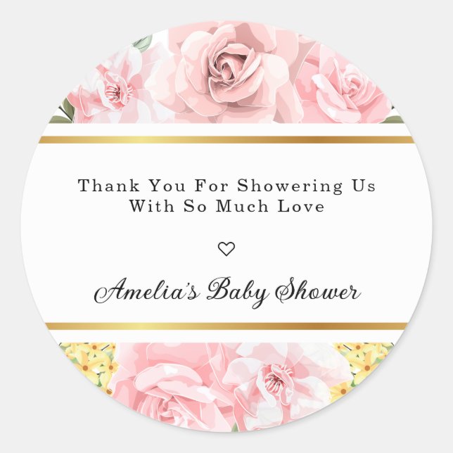Pink Rose Floral Love And Thanks Baby Shower Classic Round Sticker (Front)