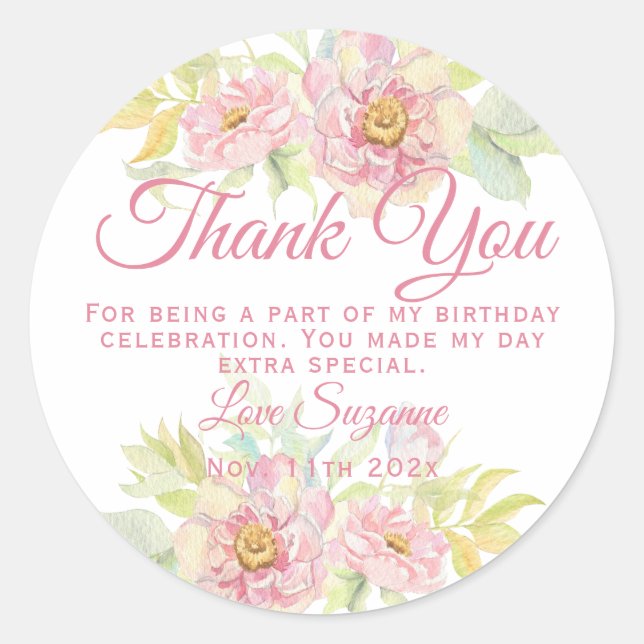 Pink Rose Floral Party Favour Classic Round Sticker (Front)