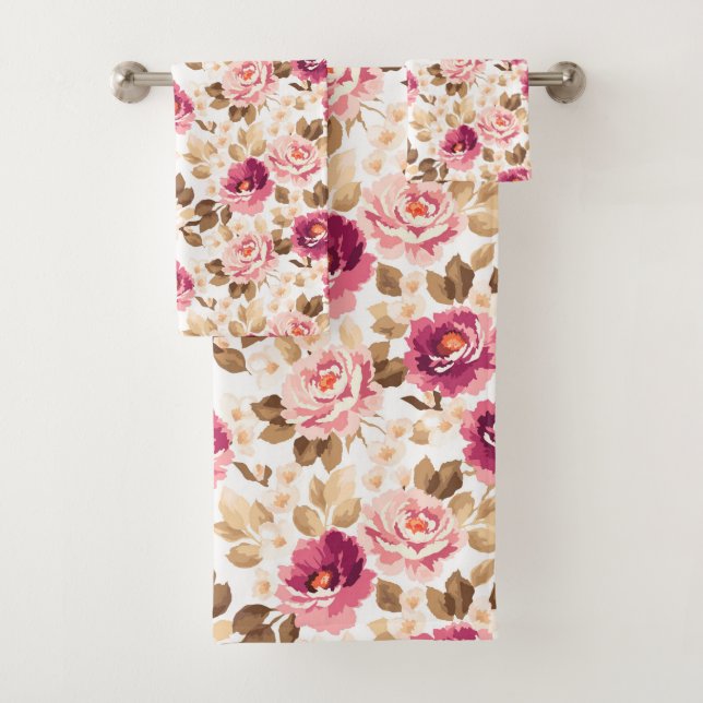 Pink Rose Floral Pattern Bath Towel Set (Insitu)