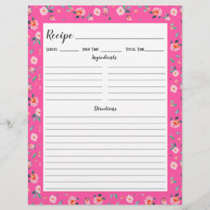 Pink Rose Floral Pattern Recipe Binder Page