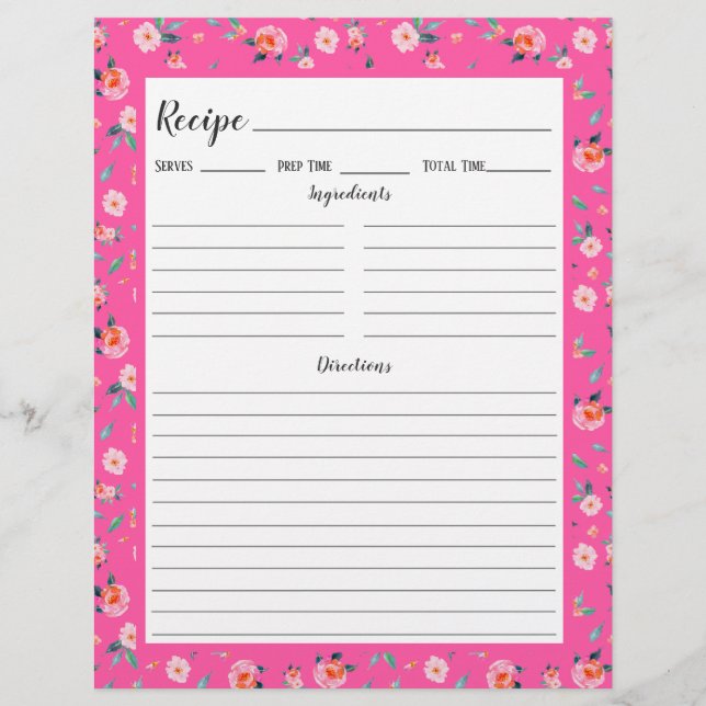 Pink Rose Floral Pattern Recipe Binder Page (Front)