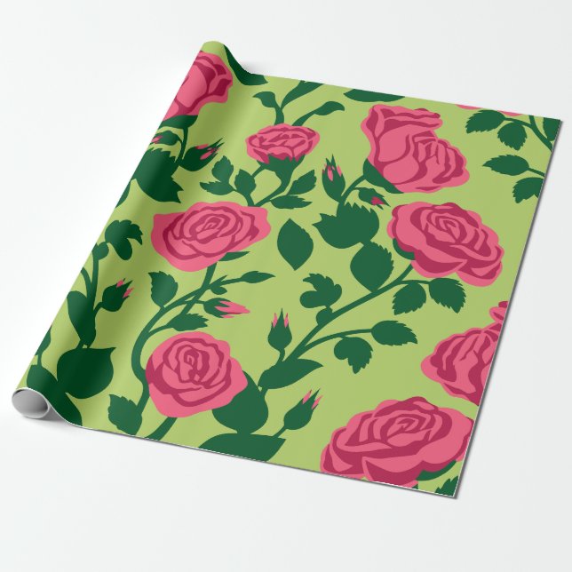 Pink Rose Floral Pattern Wrapping Paper (Unrolled)