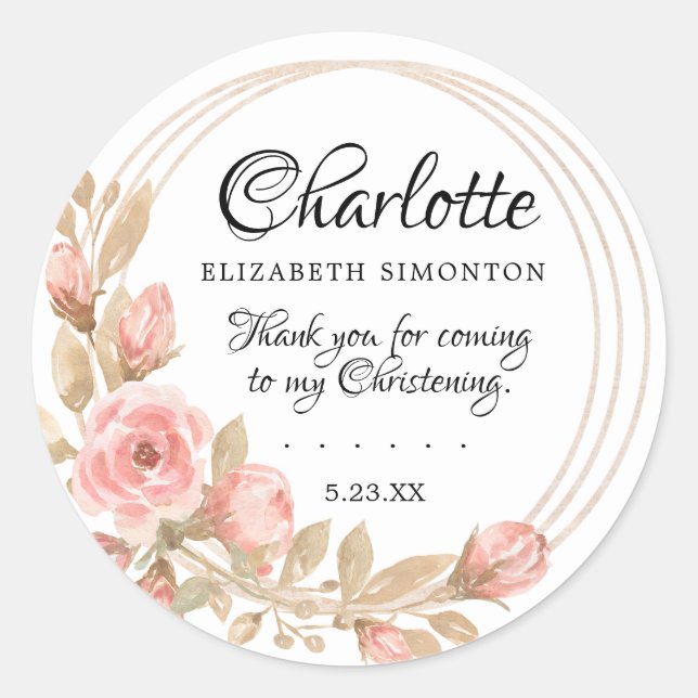 Pink Rose Floral  Personalized Christening Classic Round Sticker (Front)