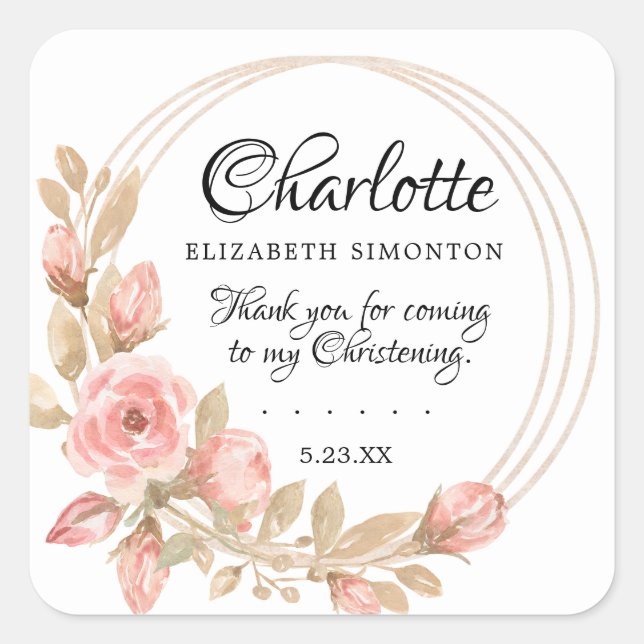 Pink Rose Floral  Personalized Christening Square Sticker (Front)