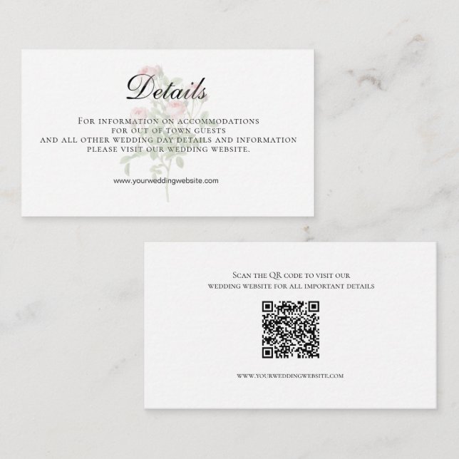 Pink Rose Floral QR code Wedding Details Enclosure Card (Front/Back)
