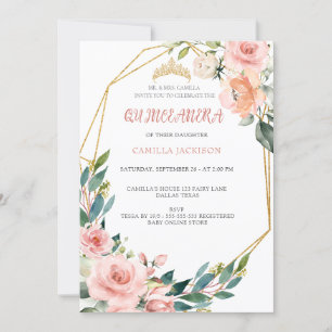  Pink Rose Floral Quinceanera Blush Butterfly Tiar Invitation