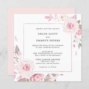 Pink Rose Floral Square Wedding Invitation