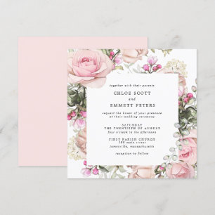 Pink Rose Floral Square Wedding Invitation