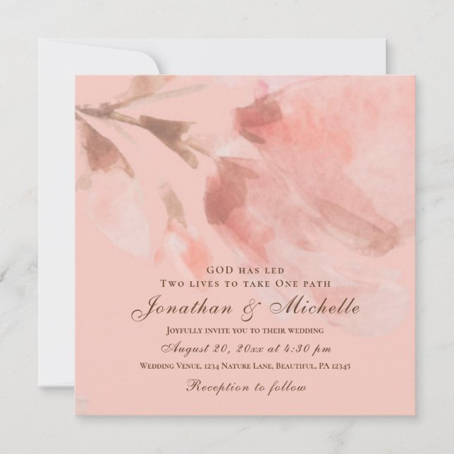 Pink Rose Floral Watercolor Christian Wedding Invitation (Front)