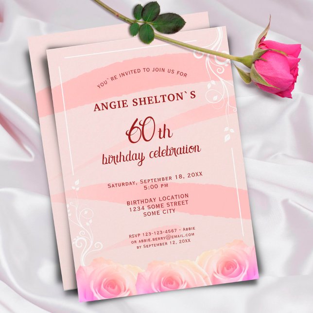 Pink Rose Floral Watercolor Stripes 60th Birthday Invitation (Creator Uploaded)