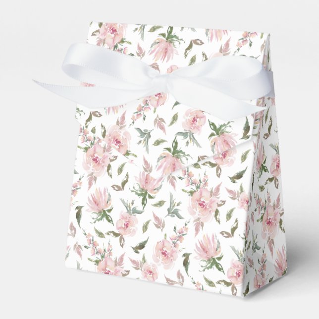 Pink Rose Floral White Bow Personalized Wedding Favor Box (Front Side)