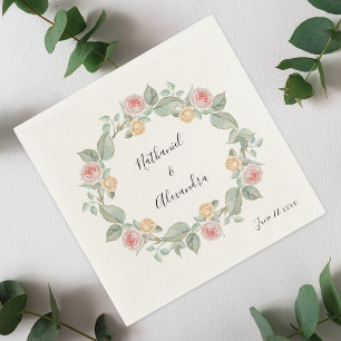 Pink Rose Floral Wreath Summer Wedding Napkins