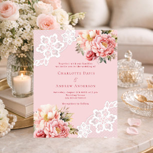 Pink rose florals white lace wedding invitation