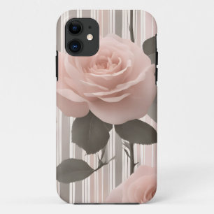 Pink Rose Flower and stripes, Vintage Look iPhone 11 Case