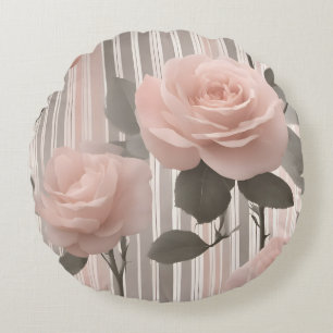 Pink Rose Flower and stripes,  Vintage Look  Round Pillow