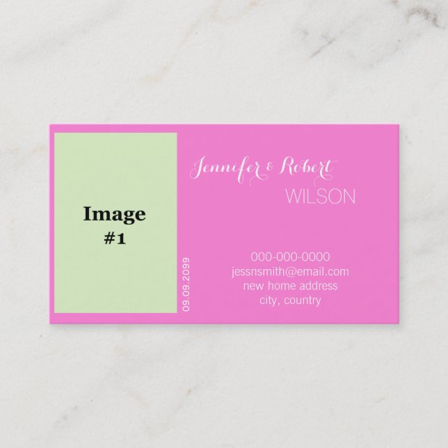 pink rose flower bride, groom wedding new address business card (Front)