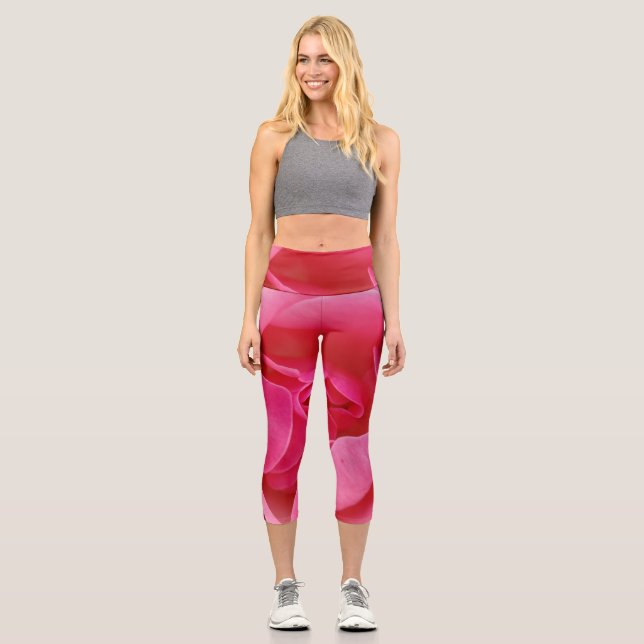 Pink rose flower capri leggings (Front)