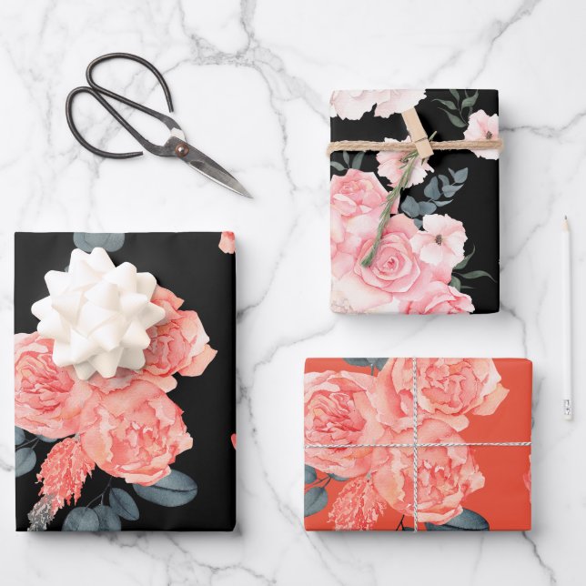 Pink Rose Flower Floral Pattern Wrapping Paper Sheet (Front)
