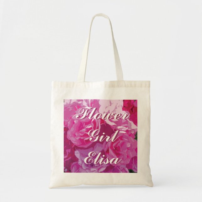 Pink rose flower girl tote bag | Personalized name (Front)