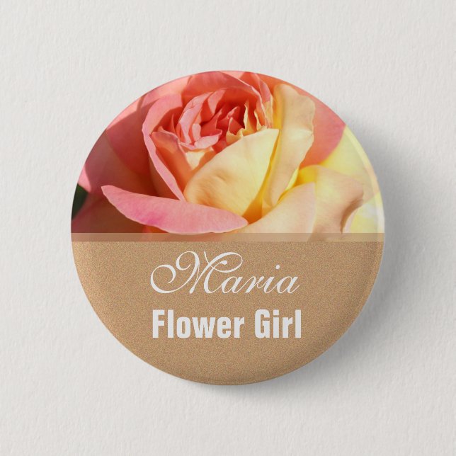 Pink rose flower girl  wedding name button. 2 inch round button (Front)