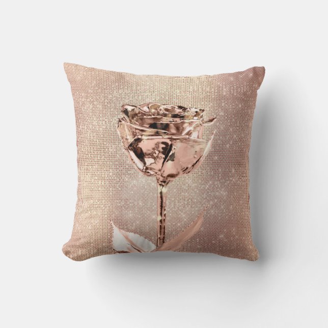 Pink Rose Flower Gold Copper Sequin Sparkly Throw Pillow (Front)