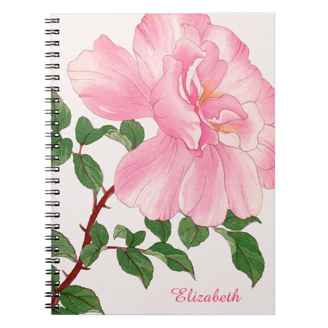 Pink Rose Flower & Green Leaves Monogram Notebook (Front)