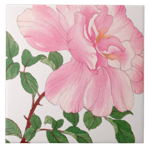 Pink Rose Flower & Green Leaves Tile