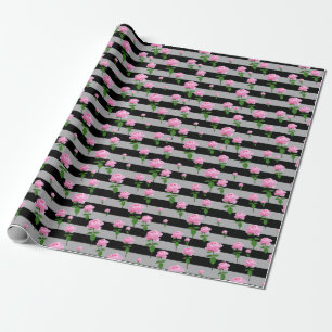 Pink Rose Flower On Grey Black Stripes Pattern Wrapping Paper