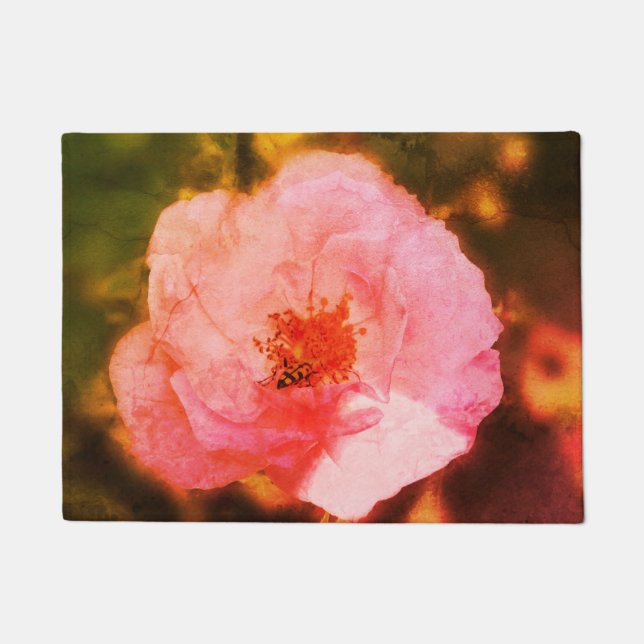 Pink Rose Flower Photo and bug Door Mat (Front)