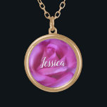 Pink Rose Flower Photo Custom Name Script Modern Gold Plated Necklace<br><div class="desc">A close-up photo of a vibrant pink rose makes you want to "stop and smell the flowers". Relax and inhale the beauty of this photograph whenever you wear this stunning, beautiful photography personalized name charm necklace. This necklace comes in small, medium and large sizes, as well as both square and...</div>