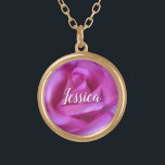 Pink Rose Flower Photo Custom Name Script Modern Gold Plated Necklace<br><div class="desc">A close-up photo of a vibrant pink rose makes you want to "stop and smell the flowers". Relax and inhale the beauty of this photograph whenever you wear this stunning, beautiful photography personalized name charm necklace. This necklace comes in small, medium and large sizes, as well as both square and...</div>