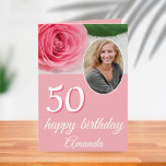 Pink Rose Flower Photo Floral 50th Birthday Card<br><div class="desc">Pink Rose Flower Photo Floral 50th Birthday Card. The card is pink and has a beautiful pink rose and a photo in a round frame on the front and on the backside of the card. The text is in a trendy white script. Add your name, age and photo and message...</div>