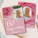 Pink Rose Flower Photo Floral 60th Birthday Card<br><div class="desc">Pink Rose Flower Photo Floral 60th Birthday Card. The card is pink and has a beautiful pink rose and a photo in a round frame on the front and on the backside of the card. The text is in a trendy white script. Add your name, age and photo and message...</div>