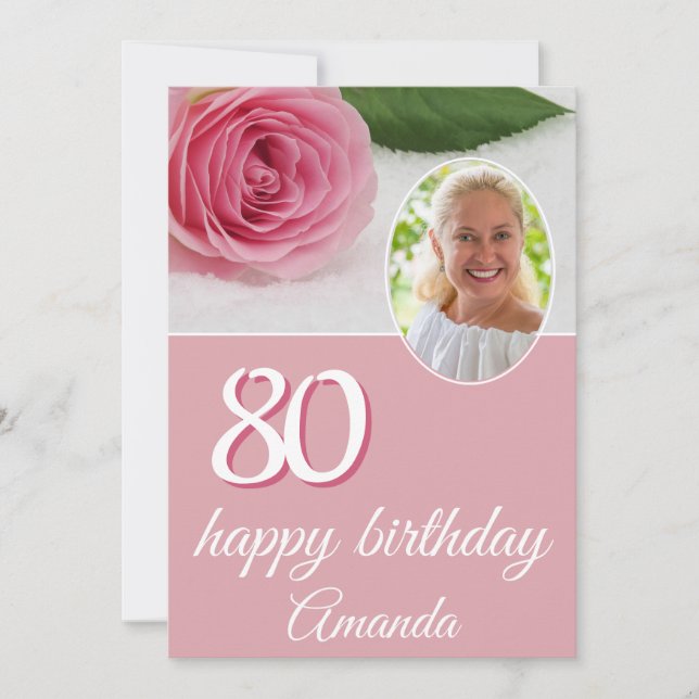 Pink Rose Flower Photo Floral 80th Birthday Card (Front)