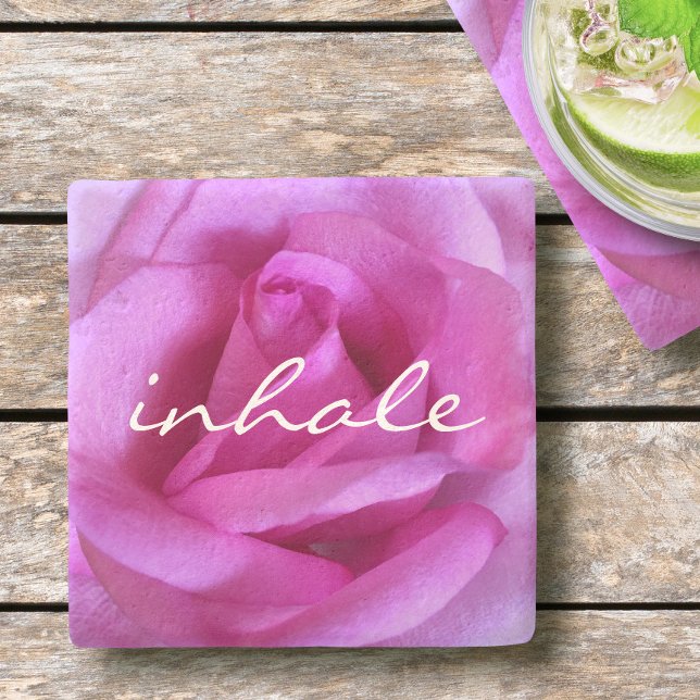 Pink Rose Flower Photo Inhale Script Modern Bold Stone Coaster (Creator Uploaded)