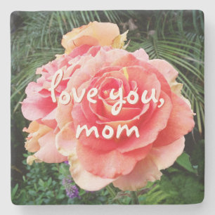 Pink Rose Flower Photo Love you Mom Script Stylish Stone Coaster